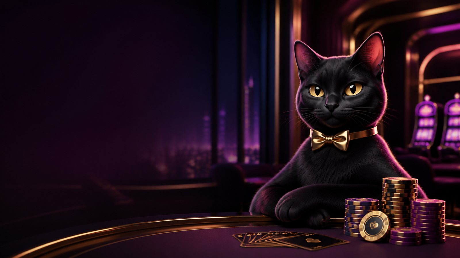 Elegant black cat mascot in a neon casino lounge
